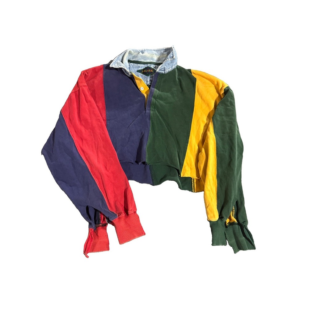 Vintage 90s Halifax Colorblock Distress Crop Collared Long Sleeve Shirt Men's L